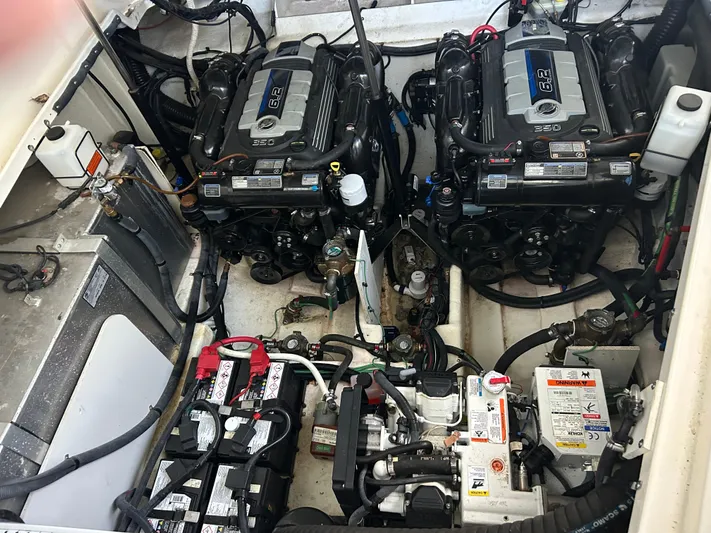  Yacht Photos Pics Engine compartment of a 2016 Sea Ray 330 Sundancer with dual engines and batteries.