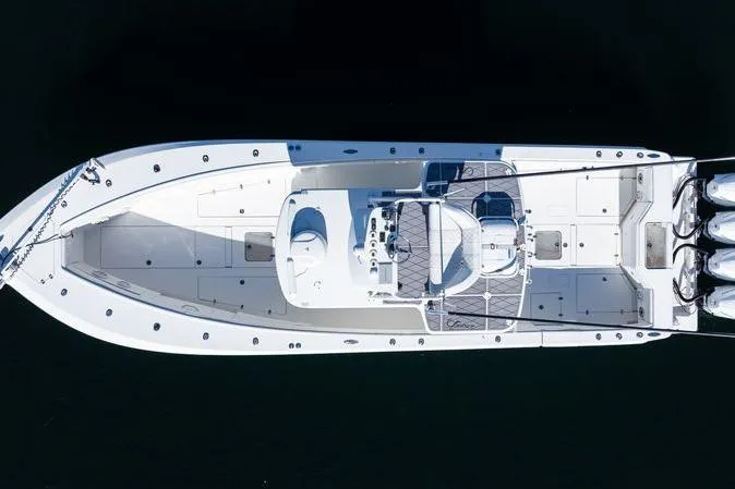  Yacht Photos Pics Overhead view of 2016 SeaVee 390Z boat with spacious deck and multiple outboard engines.
