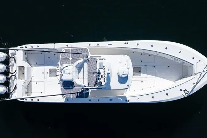  Yacht Photos Pics Top view of a 2016 SeaVee 390Z boat with multiple outboard engines.