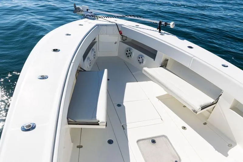  Yacht Photos Pics 2016 SeaVee 390Z boat interior with seating, speakers, and ocean view.