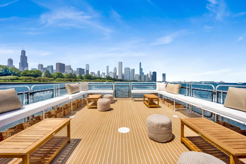  Yacht Photos Pics Luxurious A&M Manufacturing COI yacht deck with city skyline view, 2026 model.