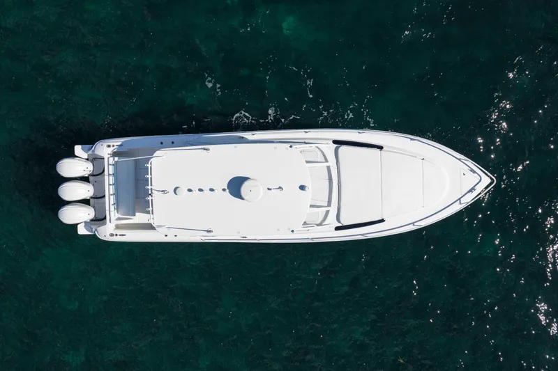  Yacht Photos Pics Overhead view of 2016 Intrepid 400 Cuddy boat on clear water.