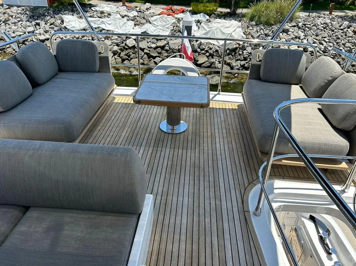 2021 Azimut 55 Fly @vallarta  Yacht Photos Pics Luxurious 2021 Azimut 55 yacht deck with elegant seating and table.