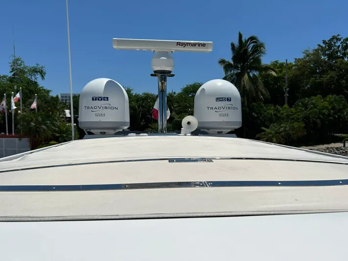 2021 Azimut 55 Fly @vallarta  Yacht Photos Pics 2021 Azimut 55 yacht with Raymarine radar and KVH TracVision domes, docked under clear blue sky.