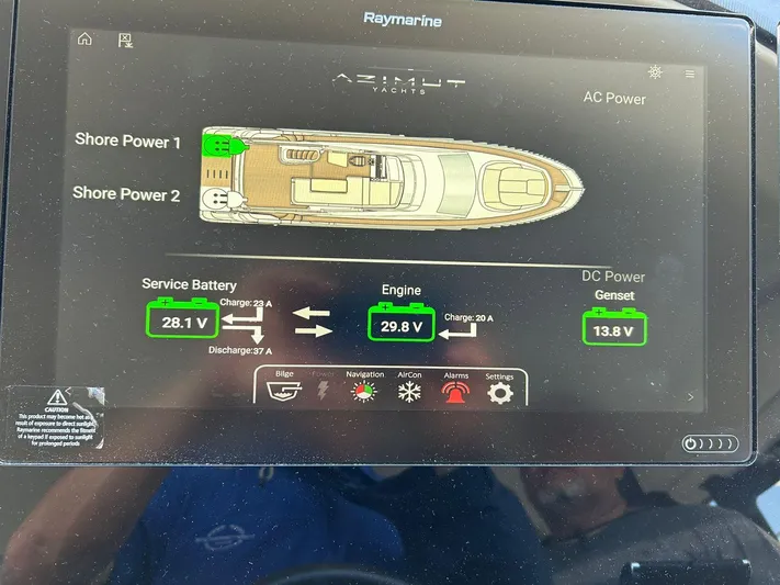 2021 Azimut 55 Fly @vallarta  Yacht Photos Pics Display screen on a 2021 Azimut 55 yacht showing battery and power status.