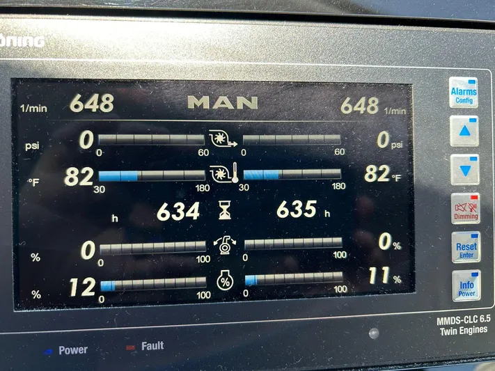 2021 Azimut 55 Fly @vallarta  Yacht Photos Pics Digital engine display on a 2021 Azimut 55 yacht showing various performance metrics.