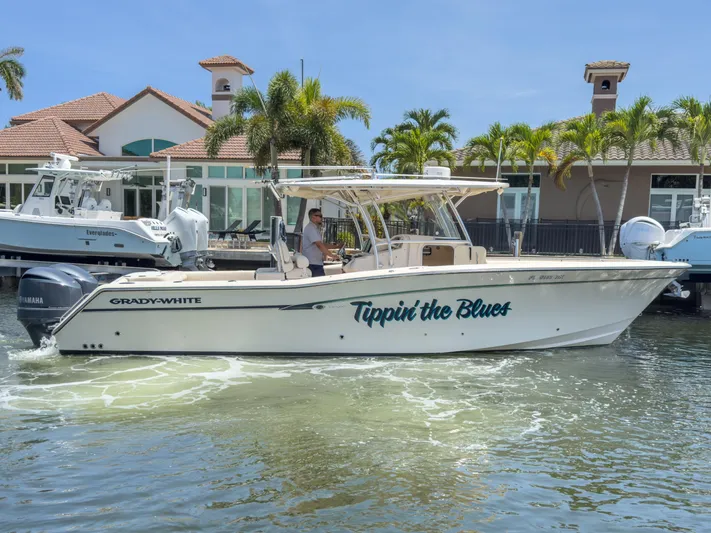  Yacht Photos Pics 2010 Grady-White Canyon 336 boat named "Tippin' the Blues" cruising near a marina.