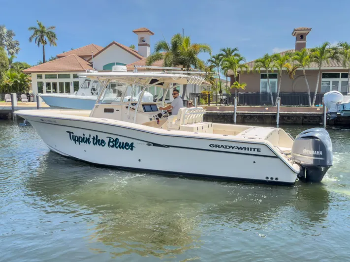  Yacht Photos Pics 2010 Grady-White Canyon 336 boat on water, dockside, with palm trees and houses in background.