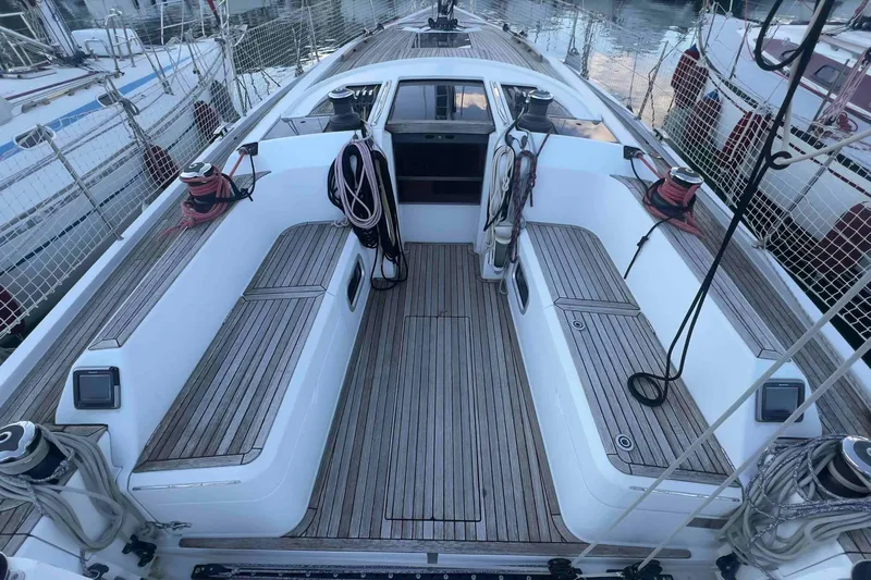  Yacht Photos Pics Cockpit of 2015 Grand Soleil 39 Maletto sailboat with teak decking and winches.