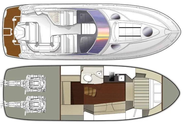 Pura Vida Yacht Photos Pics 2016 Monterey 335 Sport Yacht floor plan, showcasing interior and engine layout.