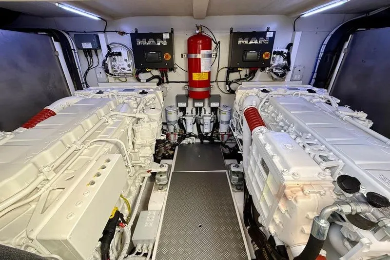 M/y La Seduction Yacht Photos Pics Engine room of 2022 Ferretti Yachts 550 with dual MAN engines and fire suppression system.