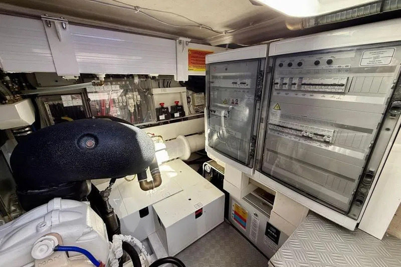 M/y La Seduction Yacht Photos Pics Engine room of 2022 Ferretti Yachts 550, showcasing electrical panels and machinery.