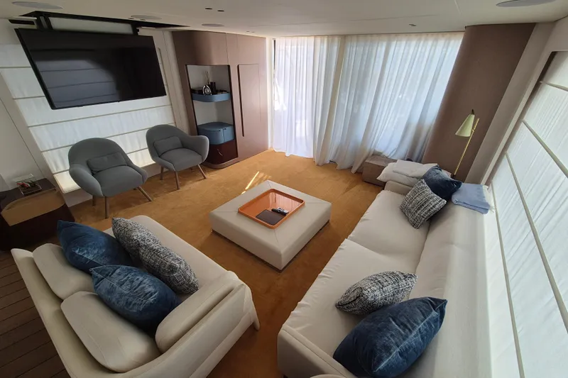 Yacht Photos Pics Luxurious interior of 2025 Azimut Grande 26M yacht with modern seating and decor.