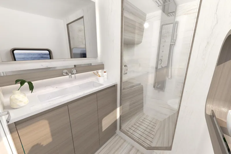  Yacht Photos Pics Luxurious bathroom in 2026 Aventura 38 Motor Yacht with modern fixtures and elegant design.