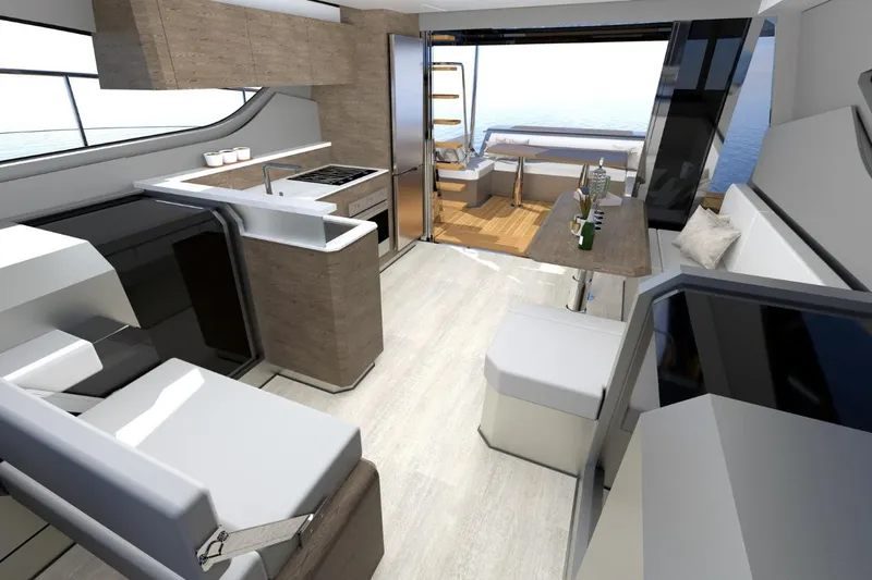  Yacht Photos Pics Modern interior of 2026 Aventura 38 Motor Yacht with sleek kitchen and dining area.