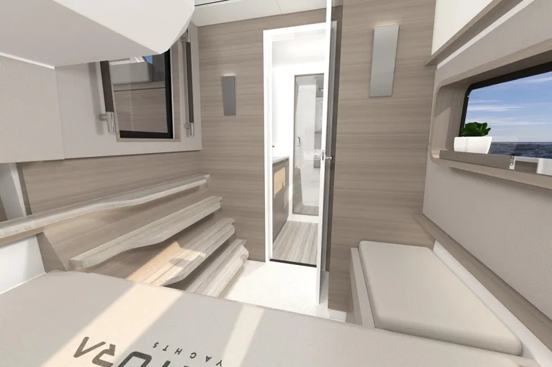  Yacht Photos Pics Modern interior of 2026 Aventura 38 Motor Yacht with sleek design and ocean view.