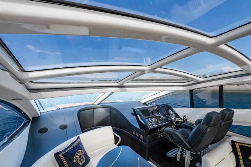 Zaza Yacht Photos Pics Luxurious interior of 2013 Sunseeker Predator 68 yacht with panoramic glass roof.