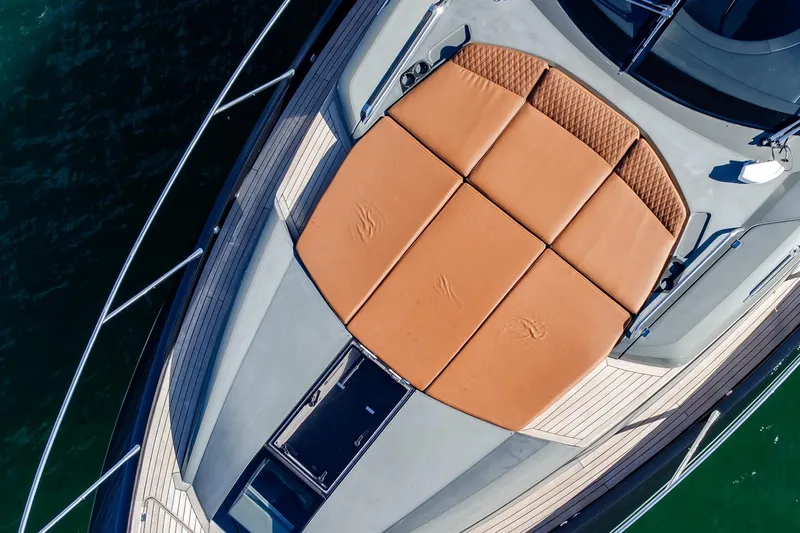 Zaza Yacht Photos Pics Aerial view of 2013 Sunseeker Predator 68 yacht with sunbathing deck.