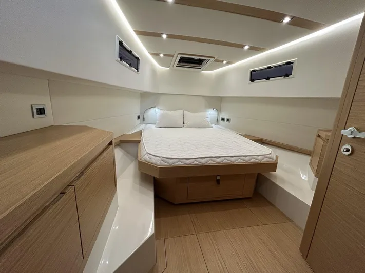 M/y Wavemoji Yacht Photos Pics Luxurious cabin interior of 2022 Pardo Yachts 38 with modern design and ambient lighting.