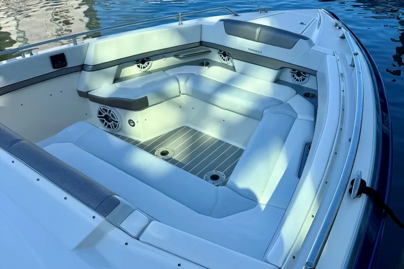  Yacht Photos Pics 2023 Formula 380 Super Sport Crossover OB boat interior with luxurious seating and modern design.