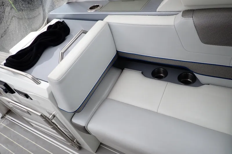  Yacht Photos Pics 2023 Formula 380 Super Sport Crossover OB interior with white seating and cup holders.