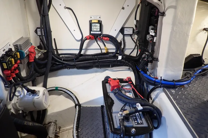  Yacht Photos Pics 2023 Formula 380 Super Sport Crossover OB engine room with wiring and battery setup.