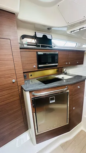  Yacht Photos Pics 2021 Boston Whaler 325 Conquest kitchen with modern appliances and wood cabinetry.