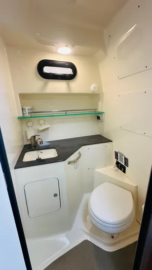  Yacht Photos Pics 2021 Boston Whaler 325 Conquest bathroom with sink, toilet, and storage.