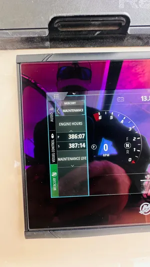  Yacht Photos Pics Display screen showing engine hours and RPM on a 2021 Boston Whaler 325 Conquest.