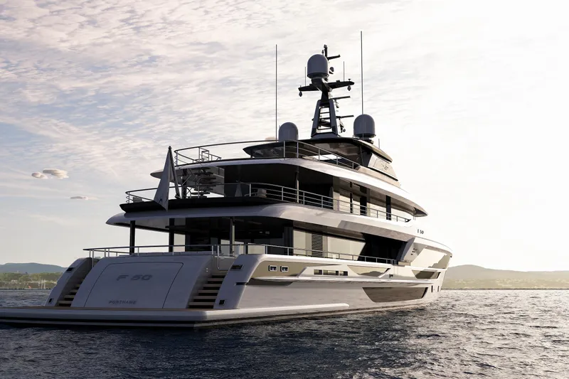  Yacht Photos Pics Luxury Falcon Yachts 50, 2028 model, cruising on open water at sunset.