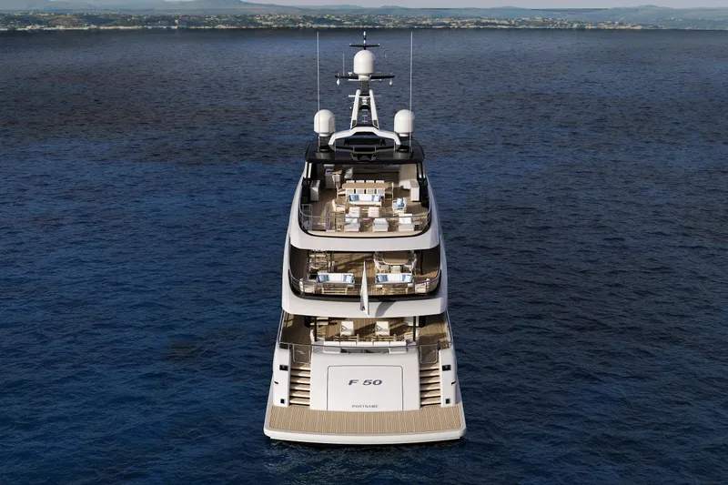 Yacht Photos Pics Luxurious 2028 Falcon Yachts 50 on open sea, showcasing elegant multi-deck design.