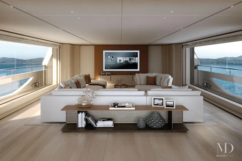  Yacht Photos Pics Luxurious interior of 2028 Falcon Yachts 50 with panoramic ocean views and modern decor.