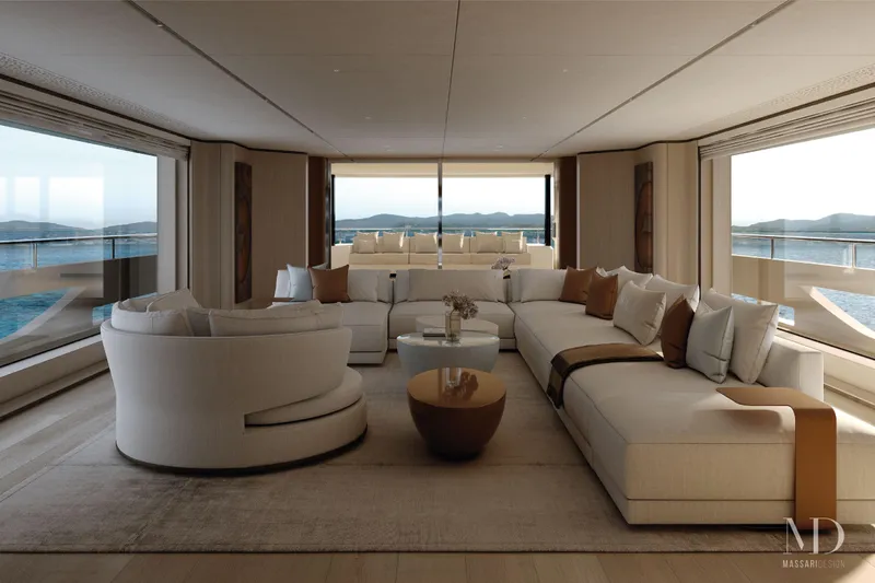  Yacht Photos Pics Luxurious interior of 2028 Falcon Yachts 50, featuring elegant seating and panoramic ocean views.