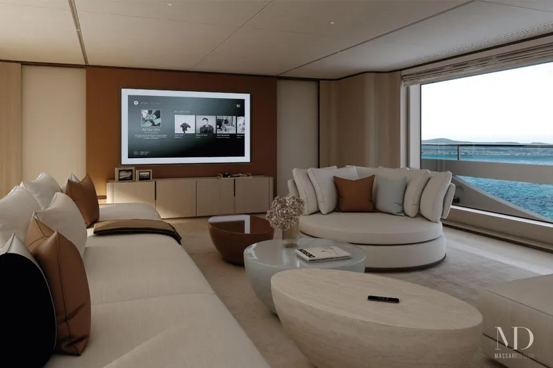 Yacht Photos Pics Luxurious interior of 2028 Falcon Yachts 50, featuring elegant seating and ocean view.