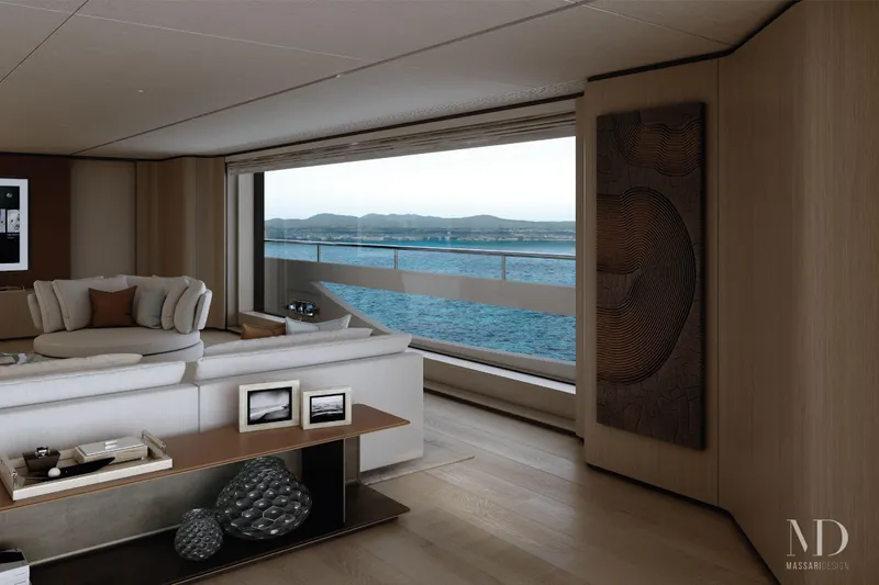  Yacht Photos Pics Luxurious interior of 2028 Falcon Yachts 50 with ocean view and elegant decor.