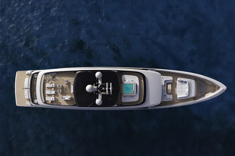  Yacht Photos Pics Aerial view of 2028 Falcon Yachts 50 luxury yacht on the ocean.