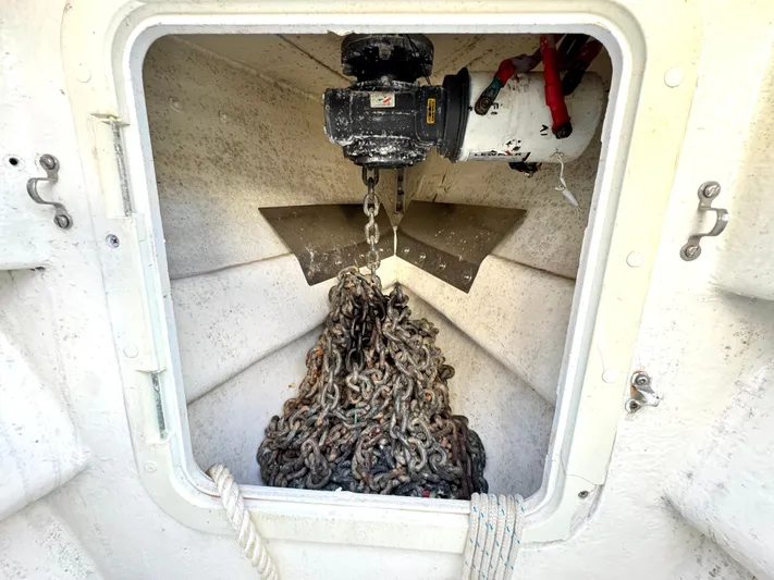 Tack Yacht Photos Pics Anchor chain in storage compartment of a 1999 Bowman 48 Aft Cockpit yacht.