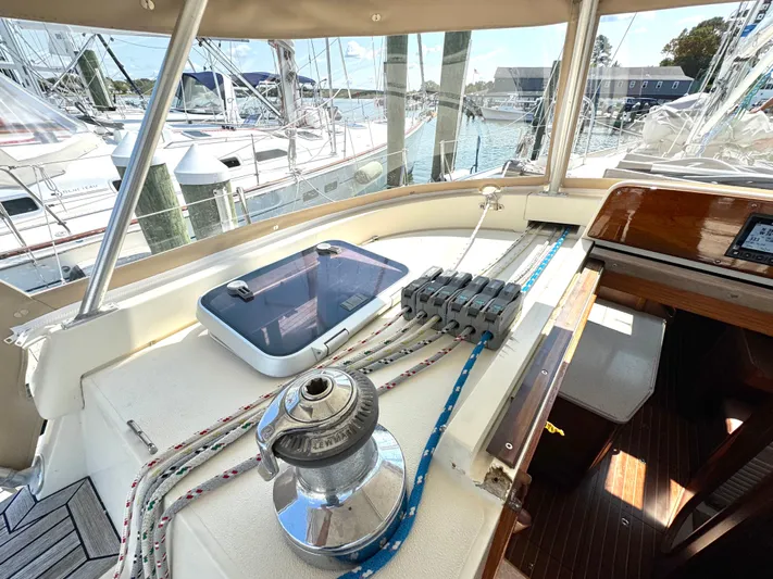 Tack Yacht Photos Pics Cockpit of a 1999 Bowman 48 Aft Cockpit yacht in harbor.