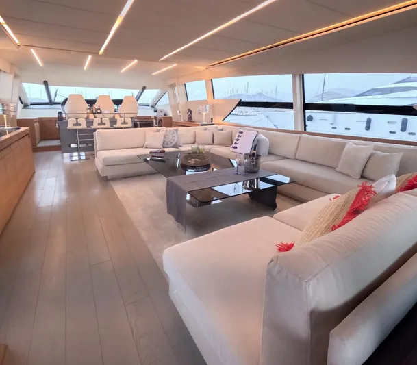  Yacht Photos Pics Luxurious interior of a 2012 Pershing 92 yacht with modern seating and elegant design.