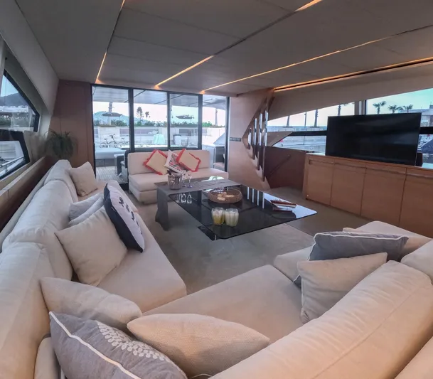  Yacht Photos Pics Luxurious interior of 2012 Pershing 92 yacht with elegant seating and modern decor.