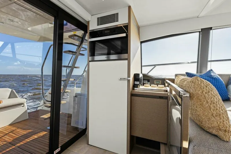 Brace Yourself Too Yacht Photos Pics Interior of 2022 Prestige 460 yacht with modern design and ocean view.