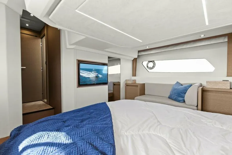 Brace Yourself Too Yacht Photos Pics Luxurious interior of 2022 Prestige 460 yacht with modern design and ocean view.