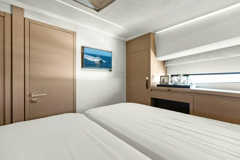 Brace Yourself Too Yacht Photos Pics Luxurious cabin interior of 2022 Prestige 460 yacht with modern decor.