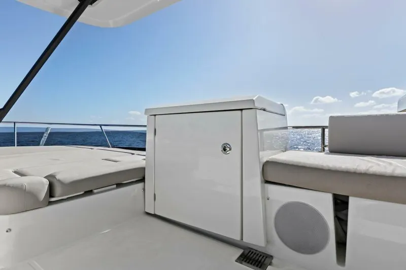 Brace Yourself Too Yacht Photos Pics Prestige 460 yacht deck, 2022 model, featuring seating and ocean view.