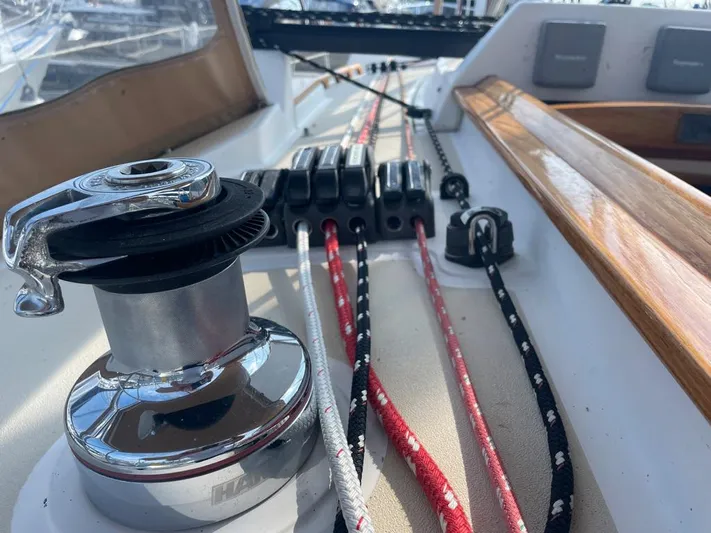 Bell Canto Yacht Photos Pics Sailing yacht deck with winch and ropes, Tartan 3400, 2006 model.