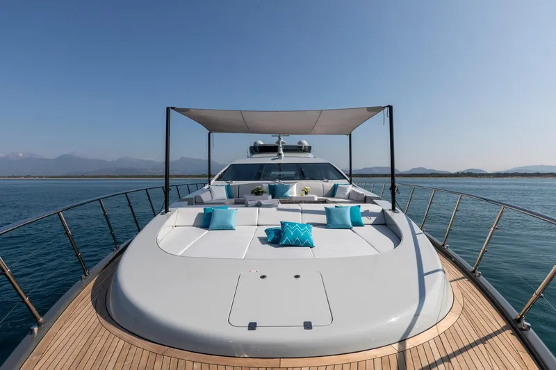 Nana I Yacht Photos Pics Luxurious 2020 Mangusta 110 Open yacht with sun deck and ocean view.