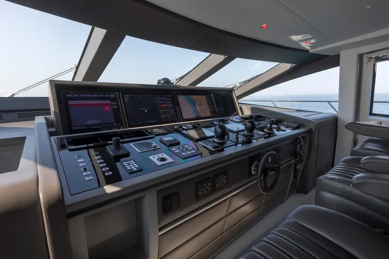 Nana I Yacht Photos Pics Control panel of 2020 Mangusta 110 Open yacht with advanced navigation systems.