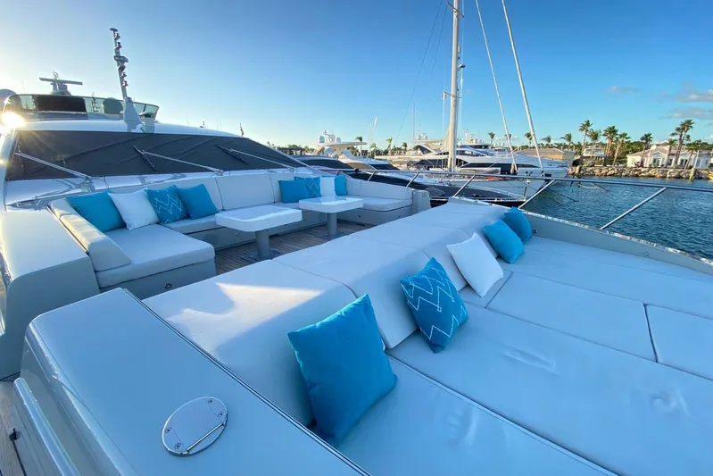 Nana I Yacht Photos Pics Luxurious 2020 Mangusta 110 Open yacht with spacious deck and stylish blue cushions.