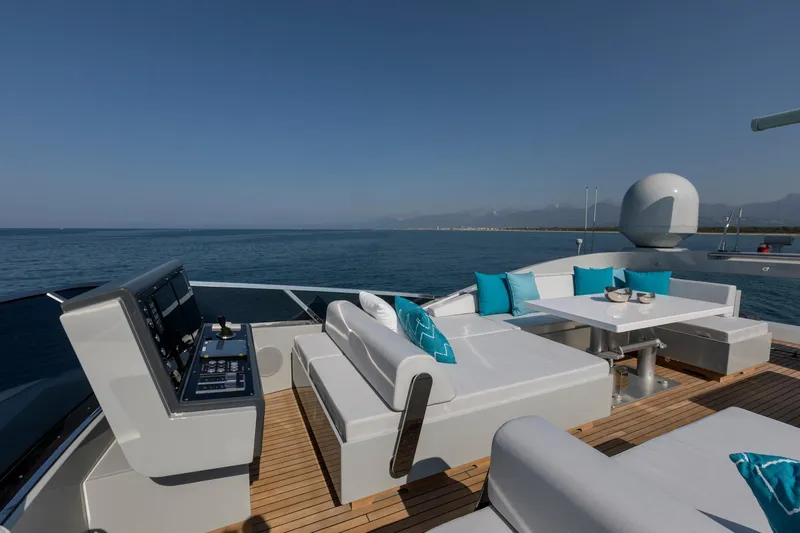 Nana I Yacht Photos Pics Luxurious 2020 Mangusta 110 Open yacht deck with modern seating and ocean view.