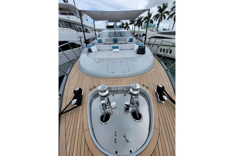 Nana I Yacht Photos Pics Luxurious 2020 Mangusta 110 Open yacht with spacious deck and elegant seating area.